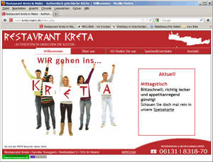Screenshot Internet Seite des Restaurants Kreta in Mainz